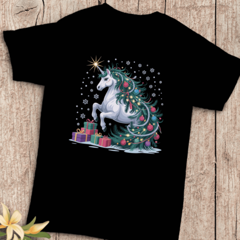 Festive Unicorn with Presents T-shirt Design cover image.