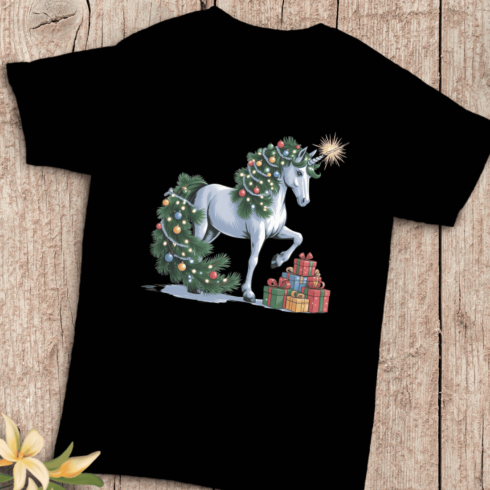 Magical Unicorn with Holiday Ornaments T-shirt Design cover image.