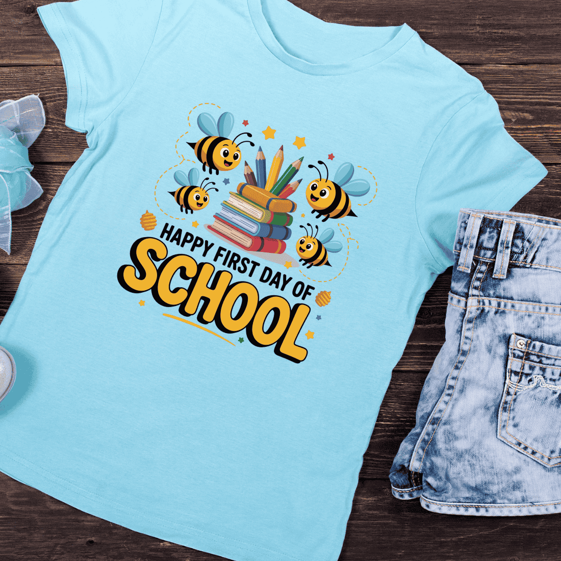 Cute Bees Flying on First Day of School T-Shirt Design preview image.