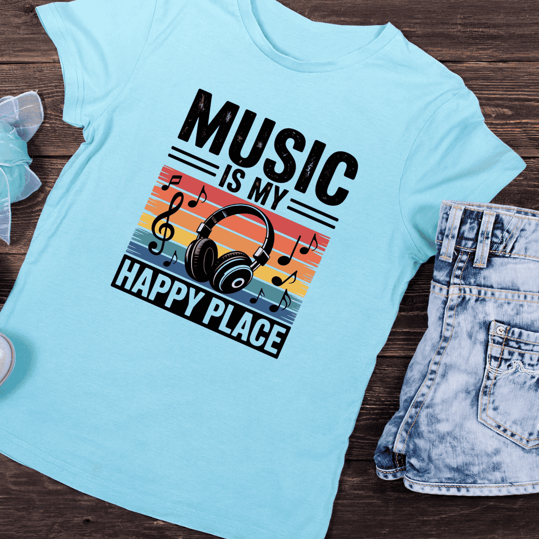 Vintage Headphones and Sunset T-Shirt Design preview image.