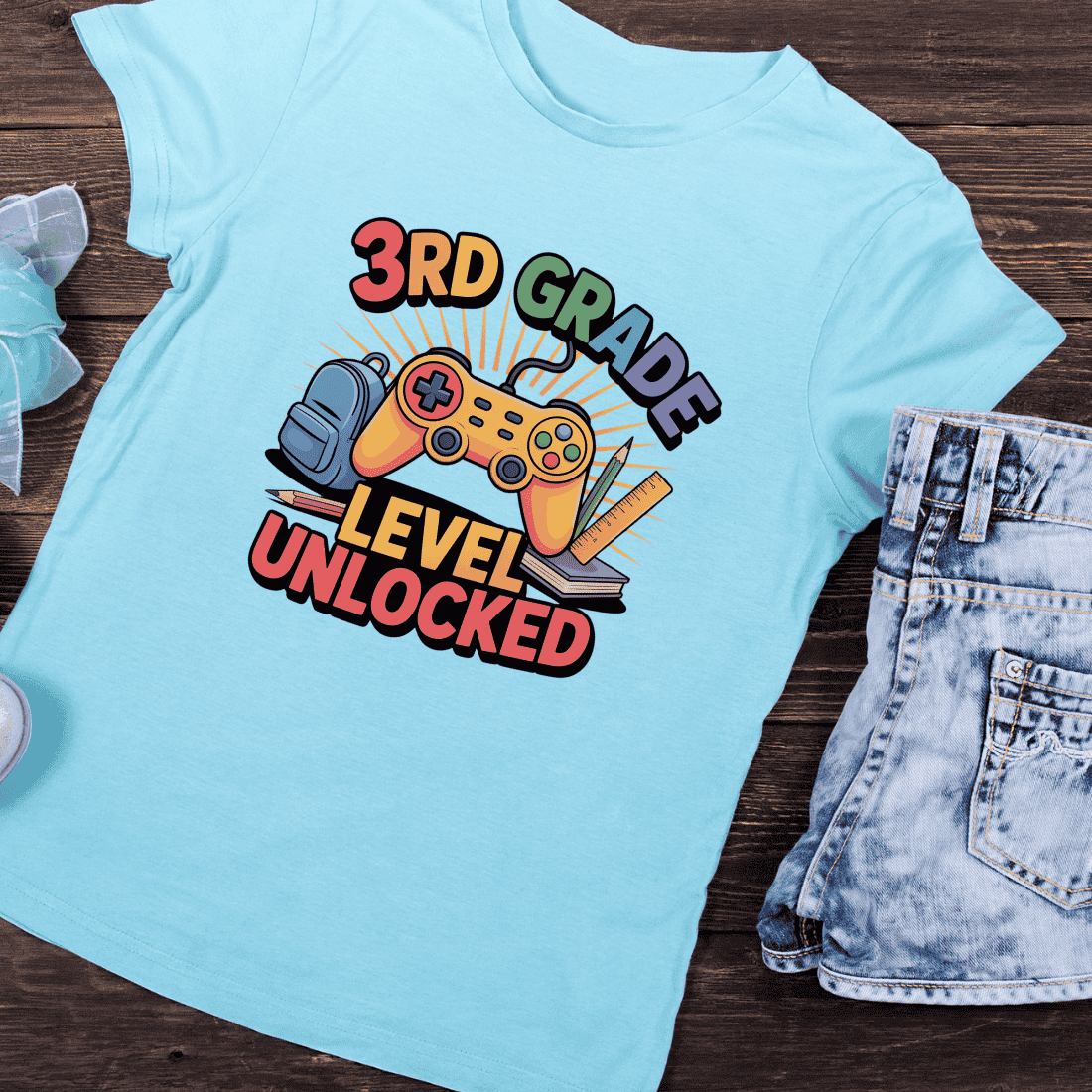 3rd Grade Level Unlocked Gaming T-Shirt Design preview image.