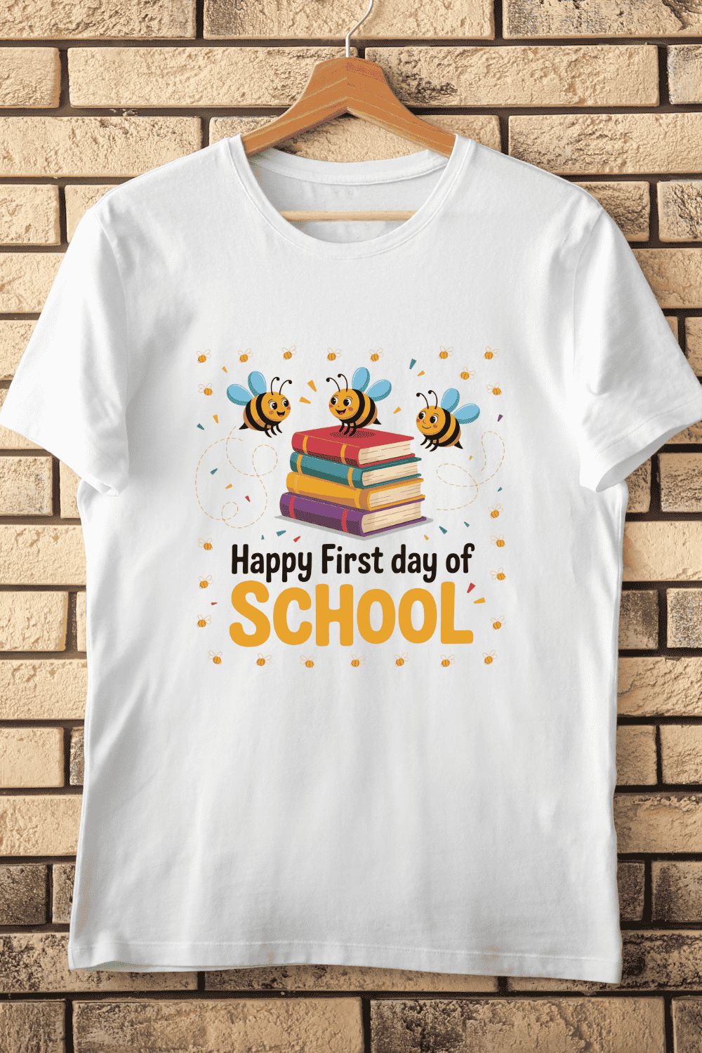 School-themed with happy bee T-Shirt Design pinterest preview image.