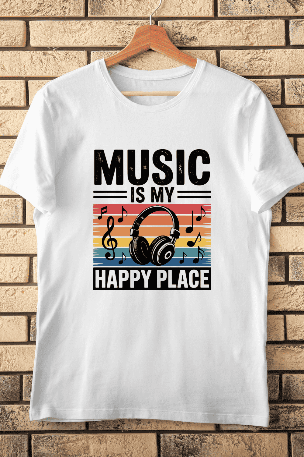Vintage Headphones and Sunset T-Shirt Design pinterest preview image.
