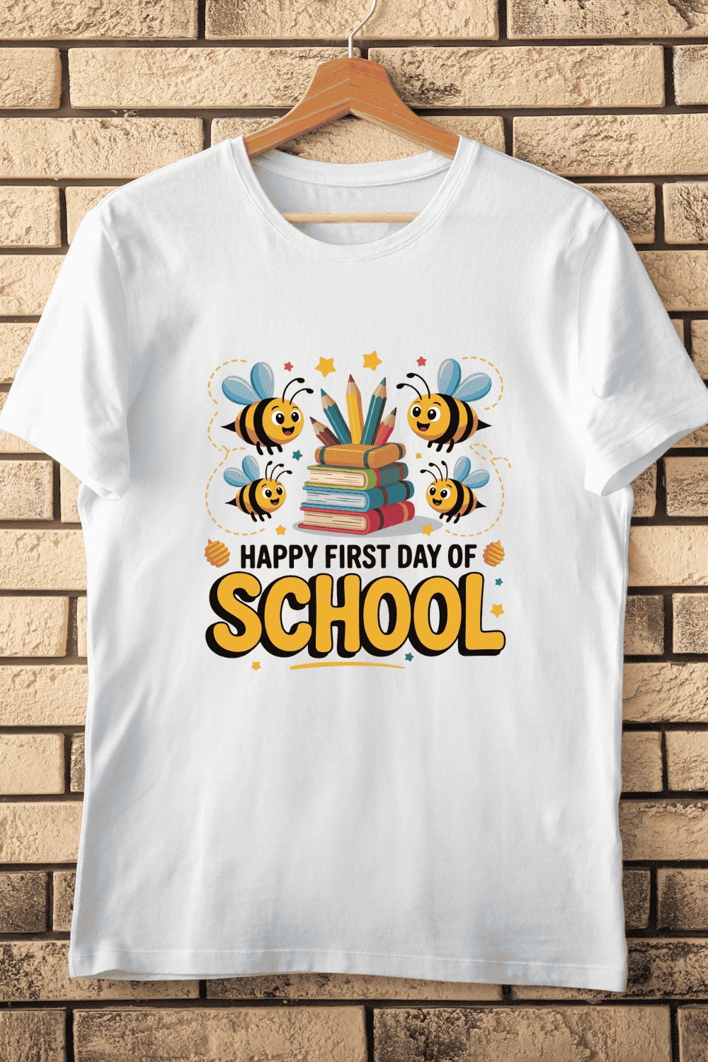 Cute Bees Flying on First Day of School T-Shirt Design pinterest preview image.