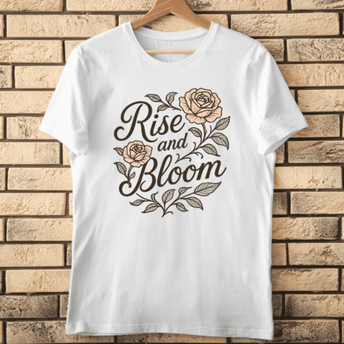 Rise and Bloom Motivational Floral Typography T-shirt Design cover image.