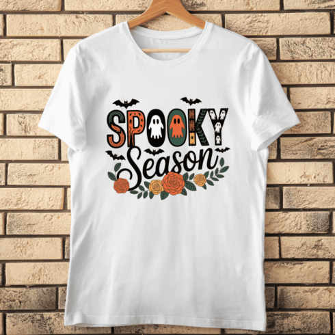 Spooky Season Typography with Bats and Ghosts T-shirt Design cover image.