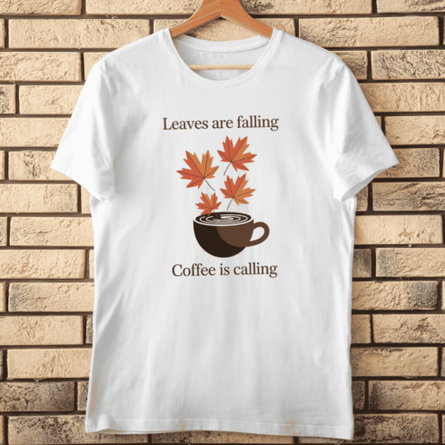 Autumn Coffee and Fall Leaves T-shirt Design cover image.