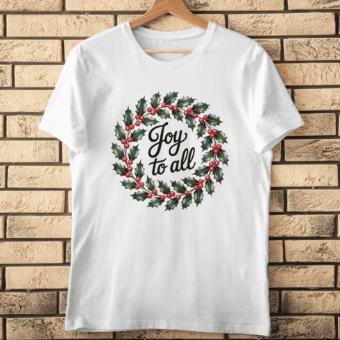 Joy to All Wreath PNG Holly & Berries T-shirt Design cover image.