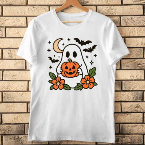 Cute Ghost with Pumpkin and Flowers T-shirt Design cover image.