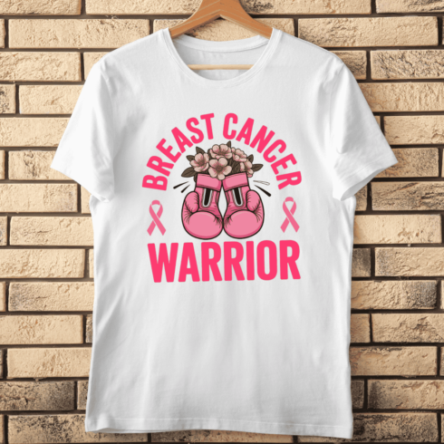 Breast Cancer Warrior Pink Boxing Gloves & Flowers T-shirt Design cover image.
