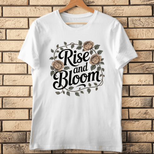 Rise and Bloom Quote with Rose T-shirt Design cover image.