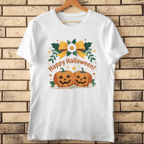 Groovy Pumpkin and Floral Halloween T-shirt Design cover image.