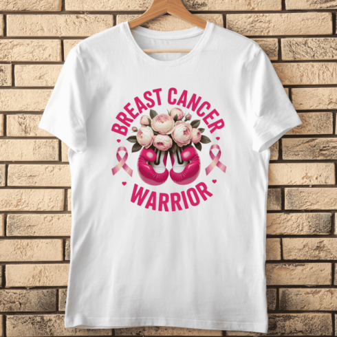 Breast Cancer Warrior Typography with Pink Boxing Gloves T-shirt Design cover image.