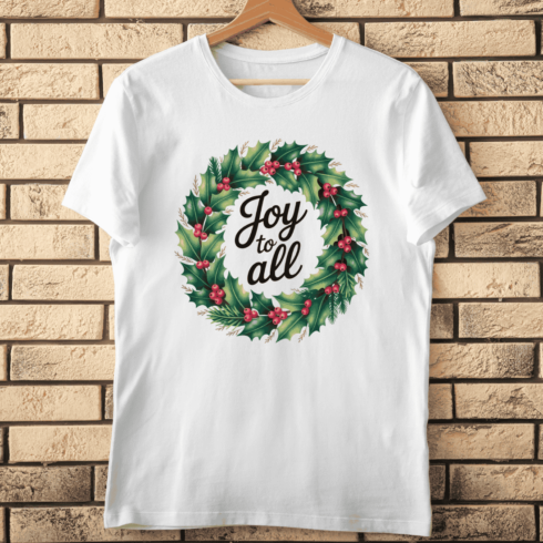 Joy to All Typography with Holly Wreath T-shirt Design cover image.