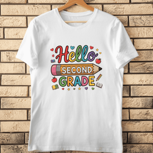 Colorful First Day of Second Grade with Pencil T-Shirt Design cover image.