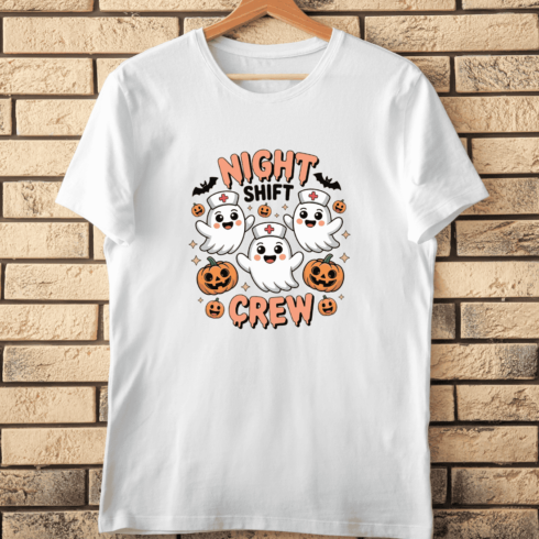 Night Shift Crew with Ghosts in Nurse Hats T-Shirt Design cover image.