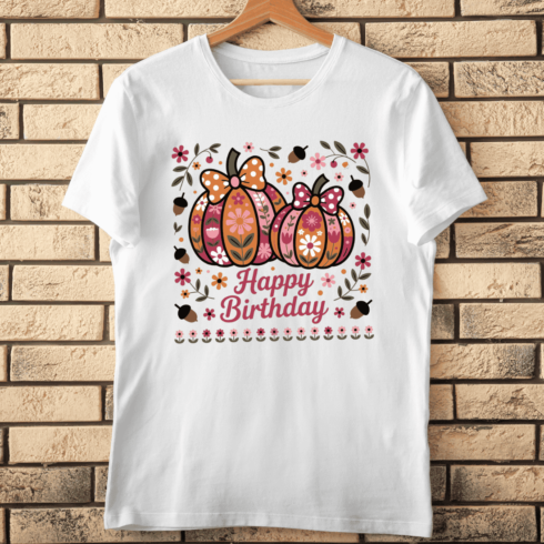 Happy Autumn Birthday Floral Pumpkins & Acorns T-shirt Design cover image.