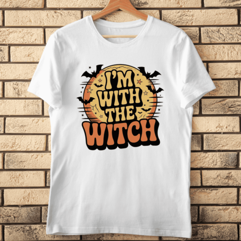 Spooky I'm with the Witch Retro Sunset T-Shirt Design cover image.