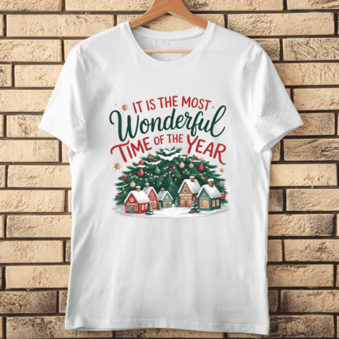 Festive Holiday Village and Forest T-shirt Design cover image.