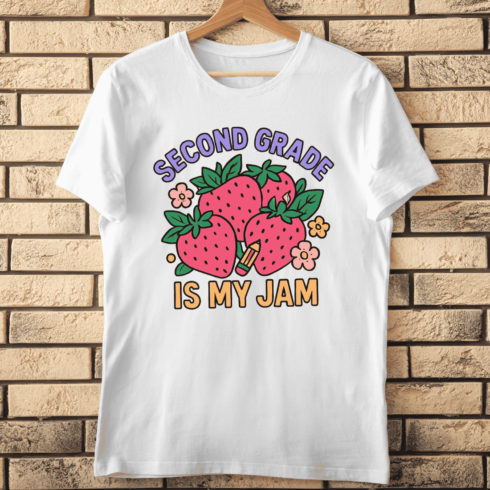 Second Grade Quote with Strawberries and Pencil T-Shirt Design cover image.