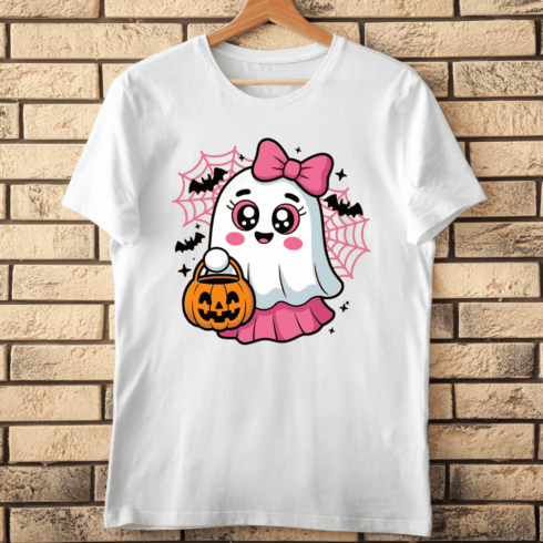 Cute Kawaii Ghost with Pumpkin and Bow T-shirt Design cover image.