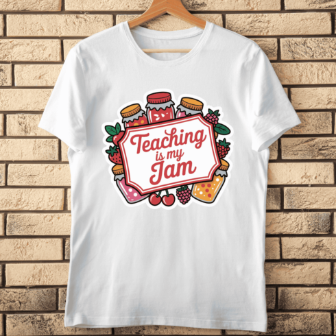 Colorful Jam Jars and Fruit Teacher T-Shirt Design cover image.