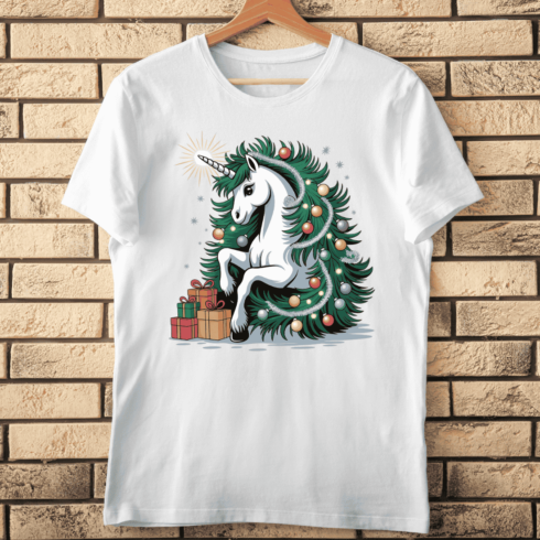 Festive Tree And Unicorn T-shirt Design cover image.