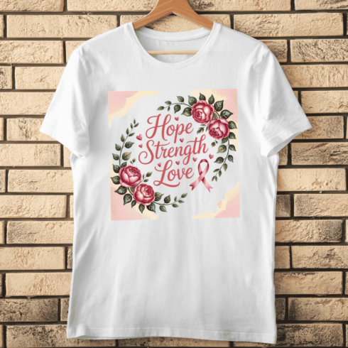 Hope, Strength, Love with Pink Ribbon and Peonies T-shirt Design cover image.