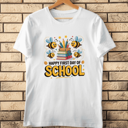 Cute Bees Flying on First Day of School T-Shirt Design cover image.