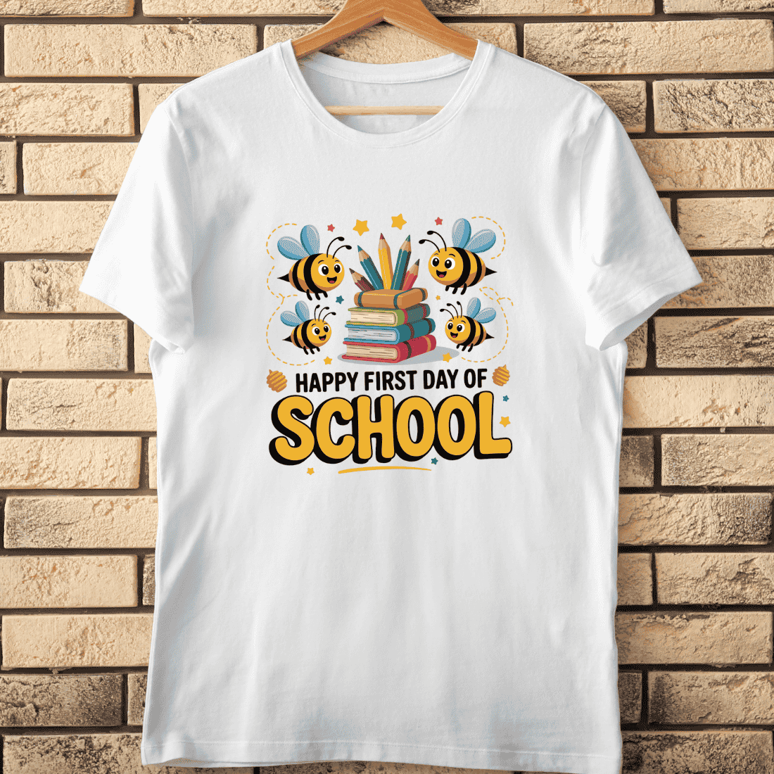 Cute Bees Flying on First Day of School T-Shirt Design cover image.