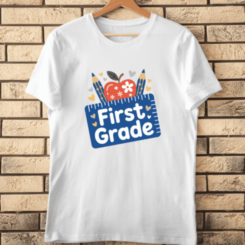 First Grade with Apple, Pencils, and Ruler T-Shirt Design cover image.