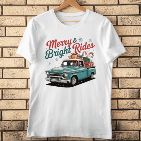 Vintage Merry & Bright Rides T-shirt Design cover image.