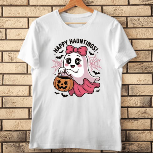 Kawaii Ghost with Pumpkin Bucket T-shirt Design cover image.