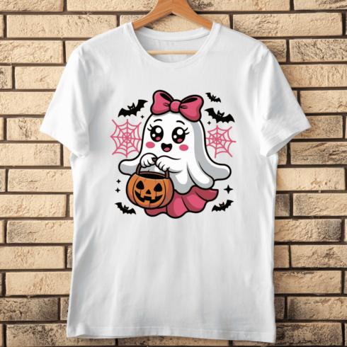 Cute Kawaii Ghost PNG with Pumpkin T-shirt Design cover image.