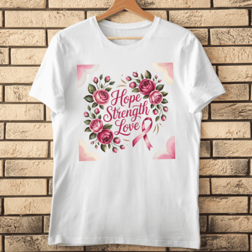 Breast Cancer Awareness Pink Ribbon with Flowers T-shirt Design cover image.