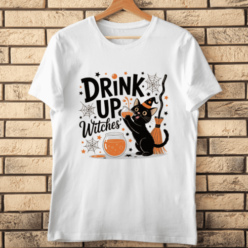 Drink Up Witches With Cat T-shirt Design cover image.