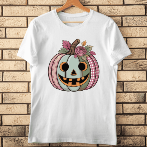 Patchwork Pumpkin with Rose and Leaves T-shirt Design cover image.