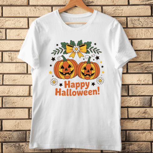 Vintage 70s Style with Jack-o'-Lanterns and Daisies T-shirt Design cover image.