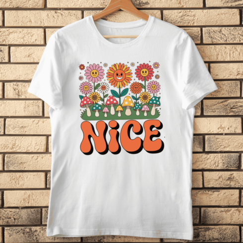 Retro Nice Lettering with Groovy Flowers T-shirt Design cover image.
