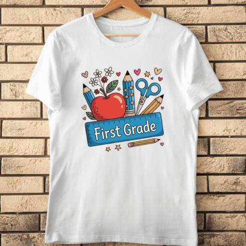 First Grade with Cute Apple T-Shirt Design cover image.