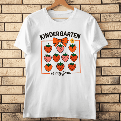 Kindergarten Teacher Strawberry and Bow T-Shirt Design cover image.