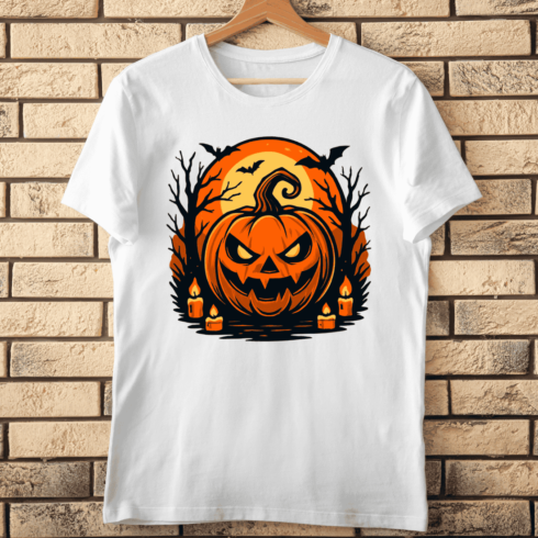 Scary Jack-o'-Lantern with Full Moon T-shirt Design cover image.
