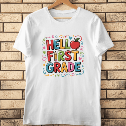 Back to School Hello First Grade T-Shirt Design cover image.