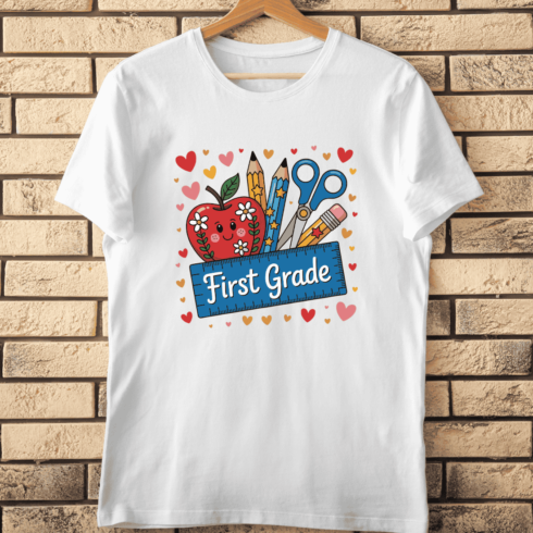 First Grade with School Supplies T-Shirt Design cover image.
