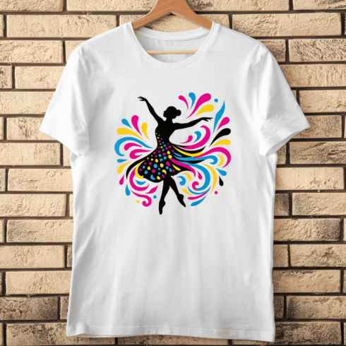 Silhouette of a Ballerina with Colorful T-Shirt Design cover image.