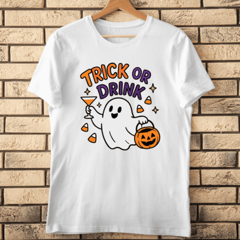 Cute Ghost with Cocktail and Pumpkin T-shirt Design cover image.
