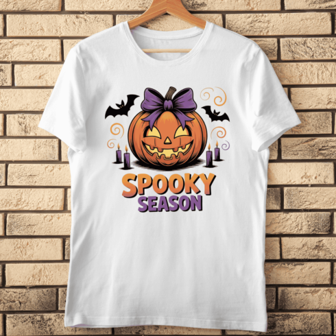 Kawaii Halloween Pumpkin and Bats T-shirt Design cover image.