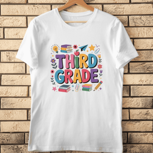 Third Grade Typography with School Elements T-Shirt Design cover image.