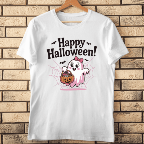 Adorable Kawaii Ghost Holding Pumpkin T-shirt Design cover image.