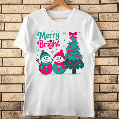 Merry & Bright Cute Snowmen & Tree T-shirt Design cover image.